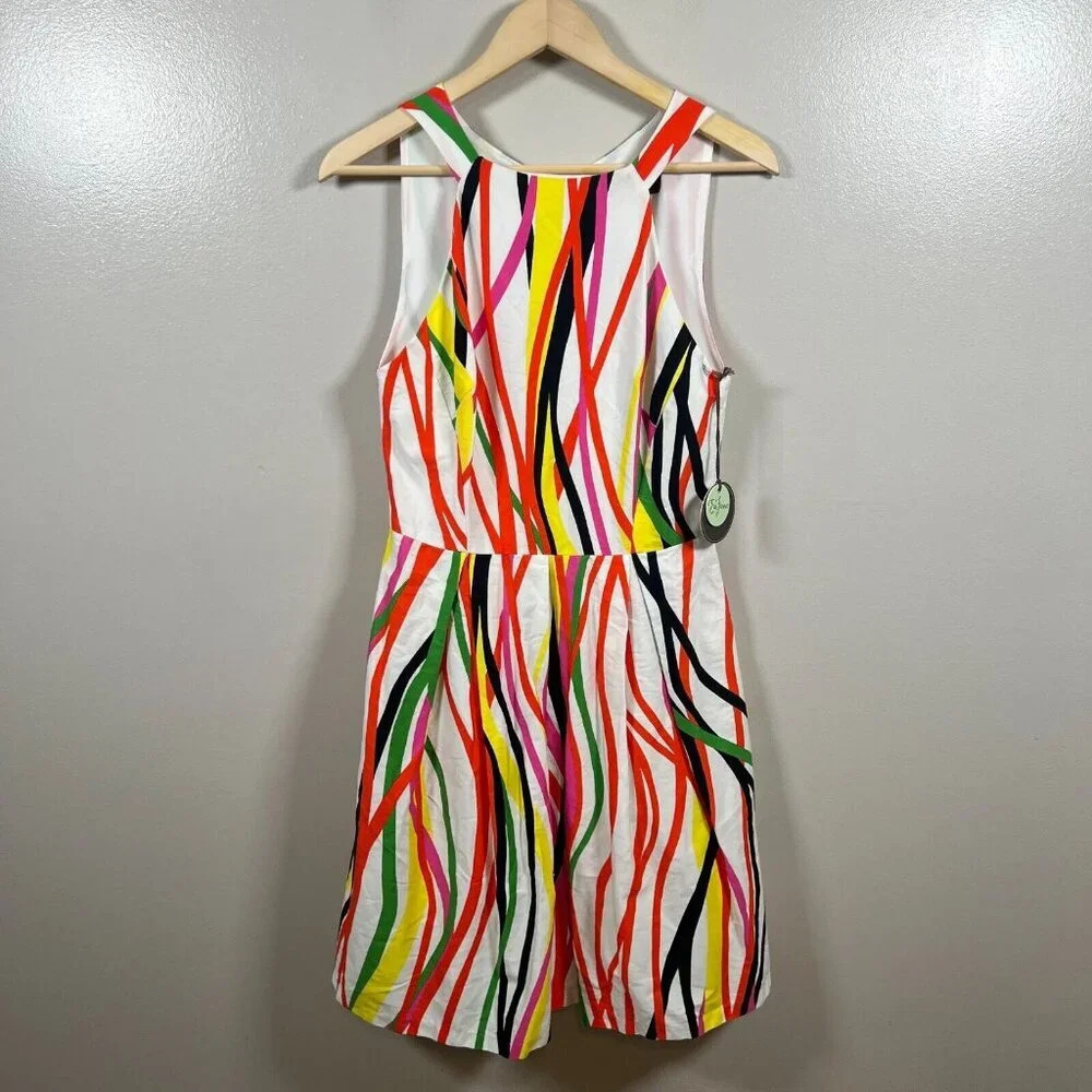 Eva Franco Nova Dress Size 10 Fit & Flare Neon Wave Open Back Retro Party Event